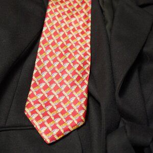 Leonard Studio Red Gold Blue Print Silk Neck tie 57" x 4" Italy  Excellent!